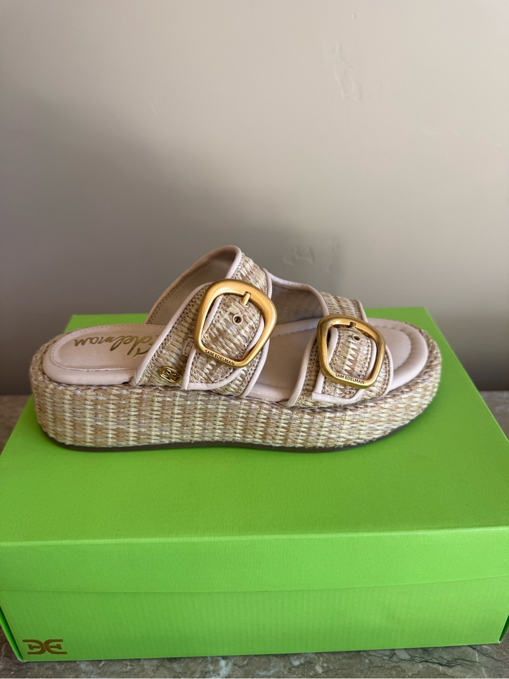 Sam Edelman Natural Beige Woven Double Buckle Slide Sandals - Picture 3 of 4